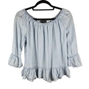 Sanctuary Chambray Off the Shoulder Peasant Blouse Top Light Blue Medium Boho